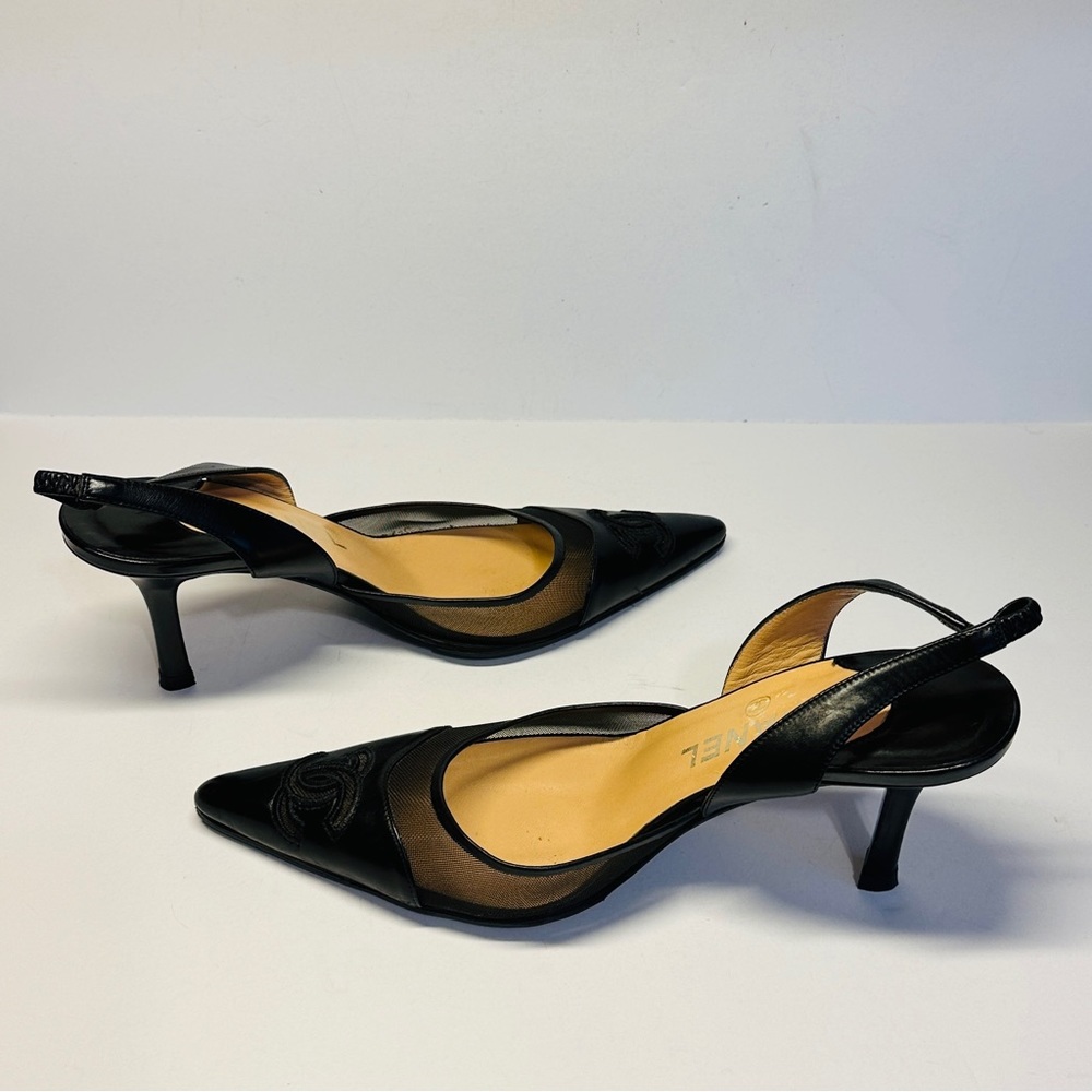 Chanel Black Leather Mesh Slingback Pointed Toe Kitten Heel Sandals Size 36.5